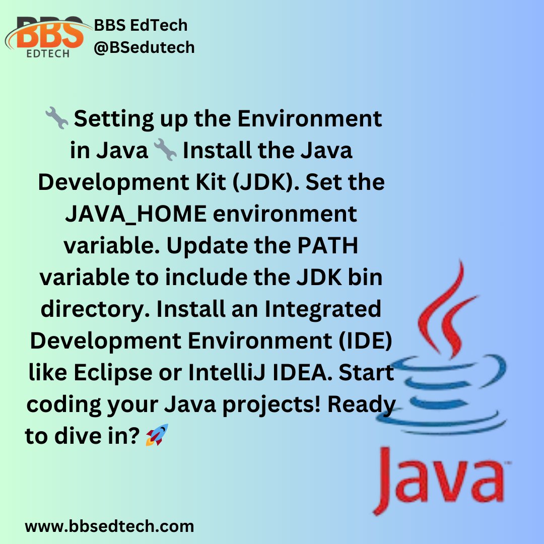 BSedutech's tweet image. Unleash your coding potential with a seamless setup. Get the JDK, configure your environment, and choose an IDE like Eclipse or IntelliJ IDEA to start building amazing Java projects today!  #CodingSetup #JDK #JAVA_HOME #EclipseIDE #IntelliJIDEA  #TechTips #LearnJava #bbsedtech