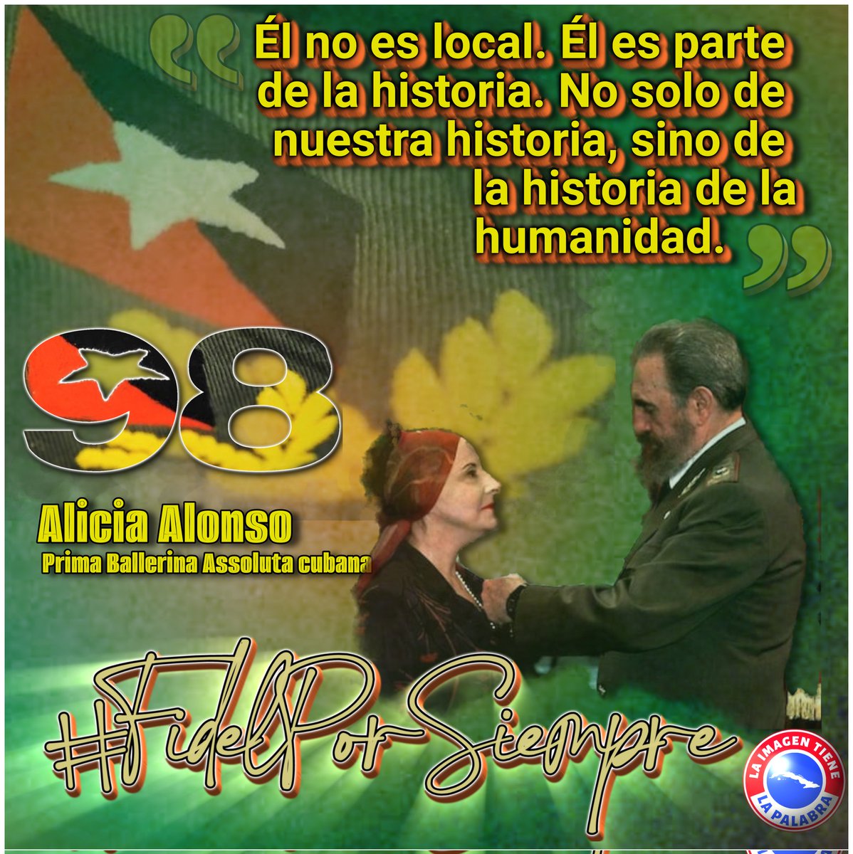 Alicia Alonso🎙️: “Él no es local. Él es parte de la historia. No solo de nuestra historia🇨🇺, sino de la historia de la humanidad🌎. Pienso que es tan grande que se convierte en una partecita, en una cosa sencilla. Si sintiera lo grande que es, lo mataría el peso”
#FidelPorSiempre