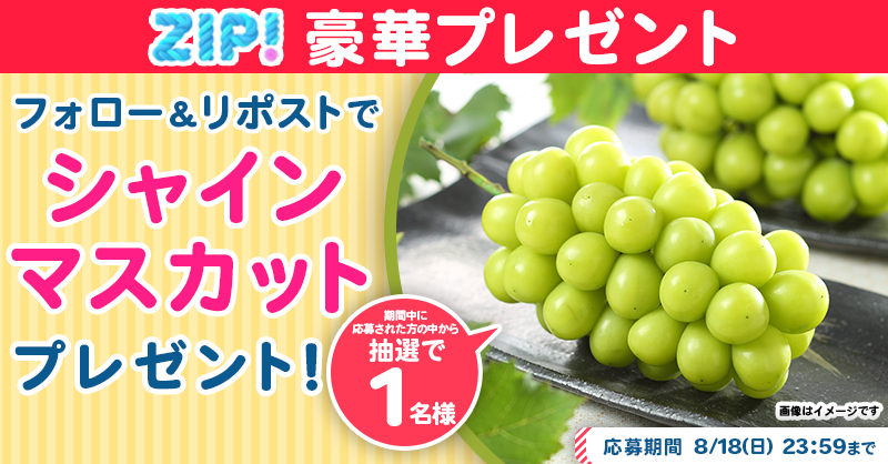 ZIP_TV's tweet photo. 🌅朝は #ZIP! でスマイル🎀

■━━━━━━━━━━━━■
　　シャインマスカット
　プレゼントキャンペーン
　　　　　4⃣日目❣
■━━━━━━━━━━━━■

📝応募方法📪
1️⃣@ZIP_TV をフォロー▶
2️⃣この投稿をリポスト🔁
➕毎日参加で当選率UP⤴

今すぐリポストで参加してね❣
💙
👐#ZIP