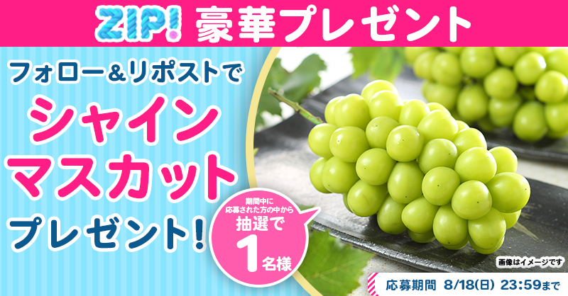 ZIP_TV's tweet photo. 🌅朝は #ZIP! でスマイル🎀

■━━━━━━━━━━━━■
　　シャインマスカット
　プレゼントキャンペーン
　　　　　1️⃣日目❣
■━━━━━━━━━━━━■

📝応募方法📪
1️⃣@ZIP_TV をフォロー▶
2️⃣この投稿をリポスト🔁
➕毎日参加で当選率UP⤴

今すぐリポストで参加してね❣
💙
👐#ZIP