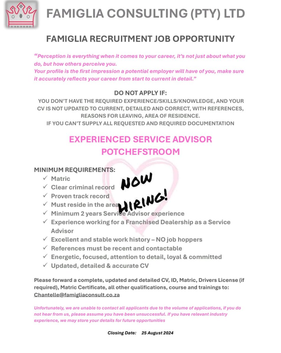 luwax1983's tweet photo. 📌 Potchefstroom / service advisor 

#jobs #vacancy https://t.co/aZzgZSbsgA