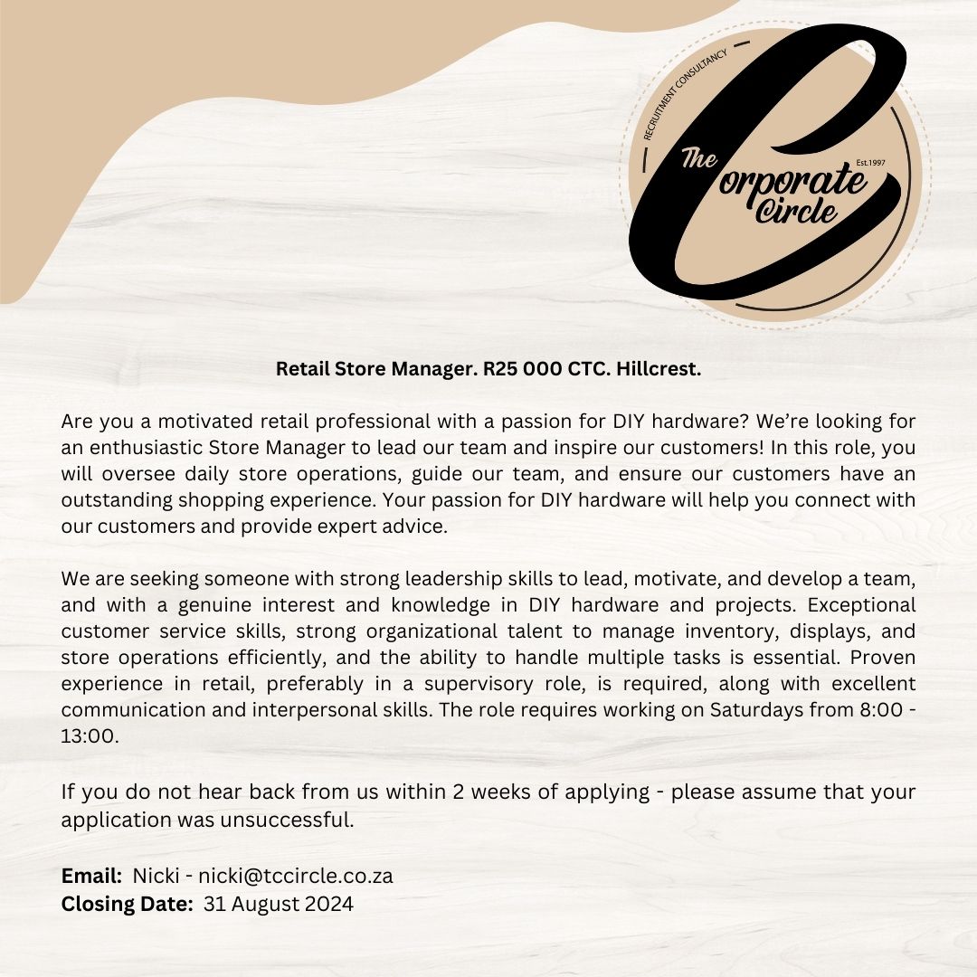 luwax1983's tweet photo. 📌 Hillcrest, Kzn / Store Manager 

#jobs #vacancy https://t.co/LVdAEw3wzz