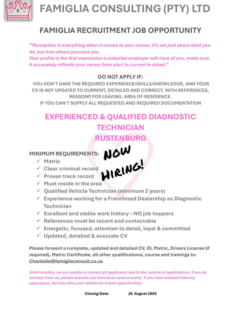 luwax1983's tweet photo. 📌 Rustenburg / DIAGNOSTIC TECHNICIAN 

#JOBS #vacancy https://t.co/6Eomwh5k94