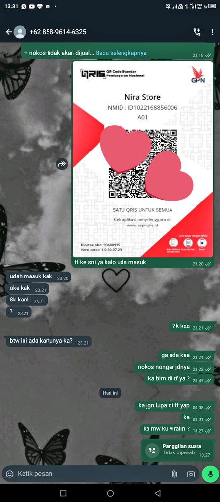 NiraStoree's tweet image. bantu viralin beli nokos wa minta verif diawal tapi malah ga bayar, hati hati buat kalian kalau ada yg chat atas nomor wa +62 858-9614-6325 #Zonajajan #zonauang #ZonaBA