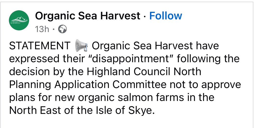SalmonScotland's tweet photo. Even having a local SNP councillor as a Director couldn’t save “Organic” Sea Harvest from having their applications rejected. 

They are simply incapable of keeping their fish alive. People have had enough of it. https://t.co/T1TizUvHX6