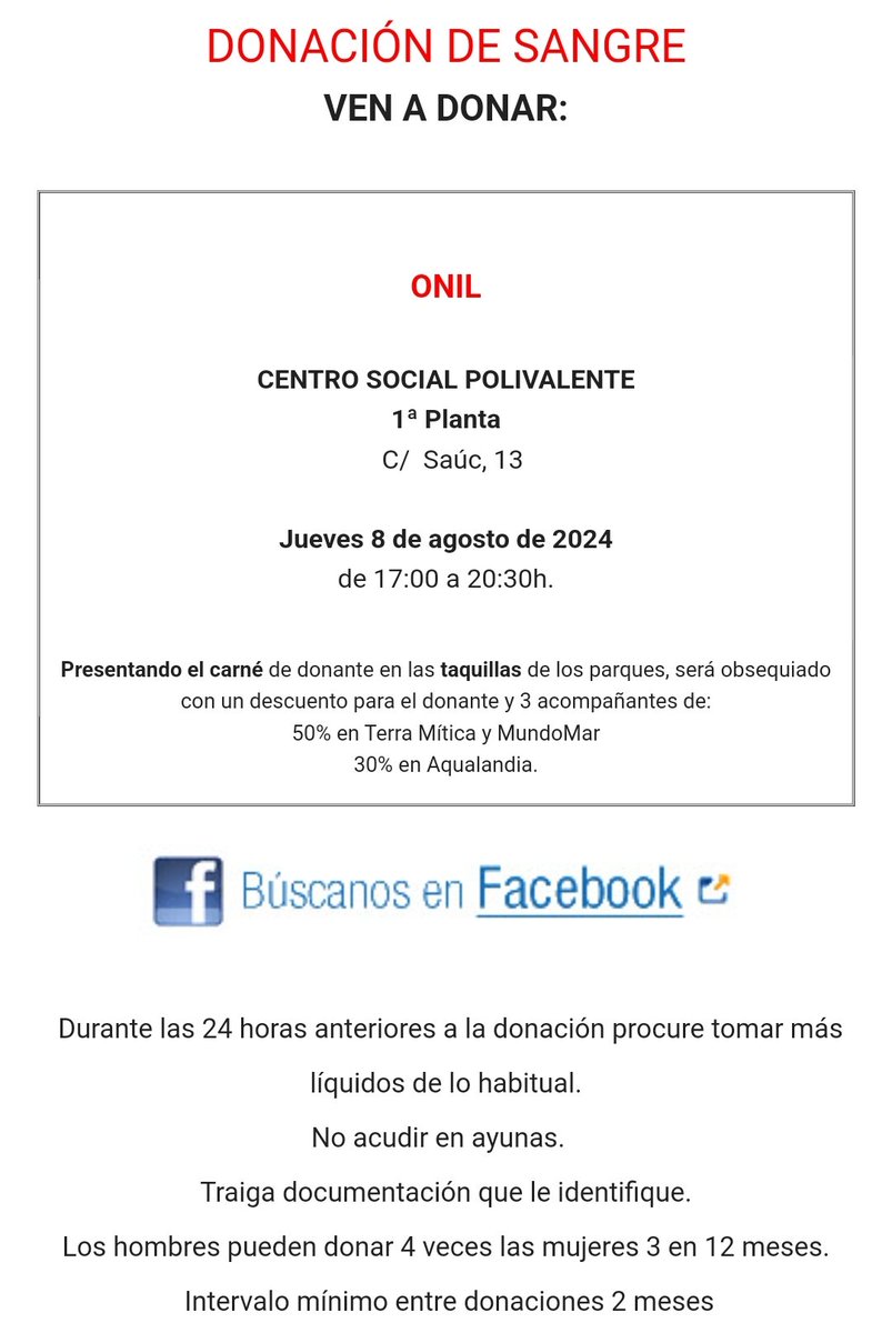 Donació de sang🩸a #Onil, dijous 8 d'agost de 2024, de 17.00 a 20.30h., Centre Social Polivalent (1ª Planta), C/ Saúc, 13. <a href="/GVAdonasang/">GVA Dona Sang</a> #dónasang #dónavida #salva3vides #donanters