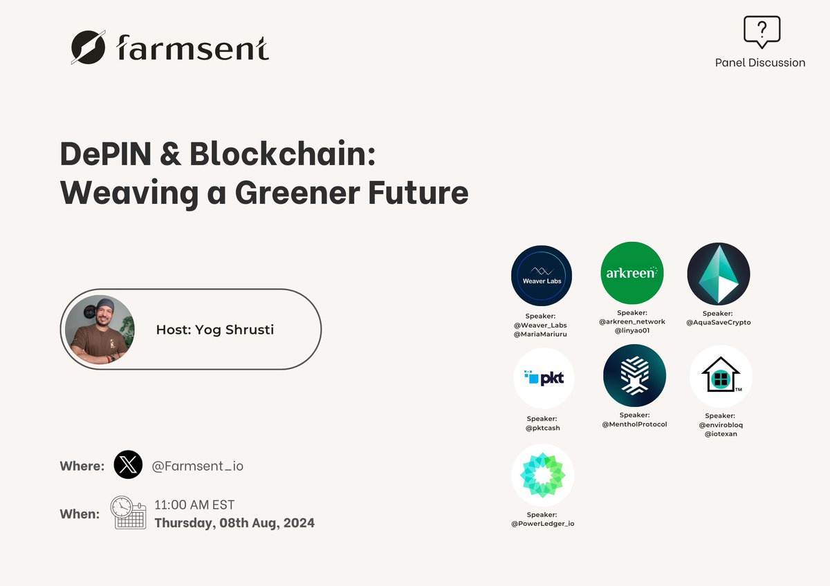 Farmsent (@farmsent_io) on Twitter photo DePINs are shaping a sustainable future! 🌏
Join us for an insightful X Spaces where we will discuss how DePIN and Blockchain have come together to Weave a Greener Future!
Our Experts for today are:
<a href="/Weaver_Labs/">Weaver Labs</a> (<a href="/MariaMariuru/">Maria Lema</a> )
<a href="/arkreen_network/">arkreen</a> (<a href="/linyao01/">Leo Lin</a>)
<a href="/AquaSaveCrypto/">AquaSave</a> DePINs are shaping a sustainable future! 🌏
Join us for an insightful X Spaces where we will discuss how DePIN and Blockchain have come together to Weave a Greener Future!
Our Experts for today are:
<a href="/Weaver_Labs/">Weaver Labs</a> (<a href="/MariaMariuru/">Maria Lema</a> )
<a href="/arkreen_network/">arkreen</a> (<a href="/linyao01/">Leo Lin</a>)
<a href="/AquaSaveCrypto/">AquaSave</a>