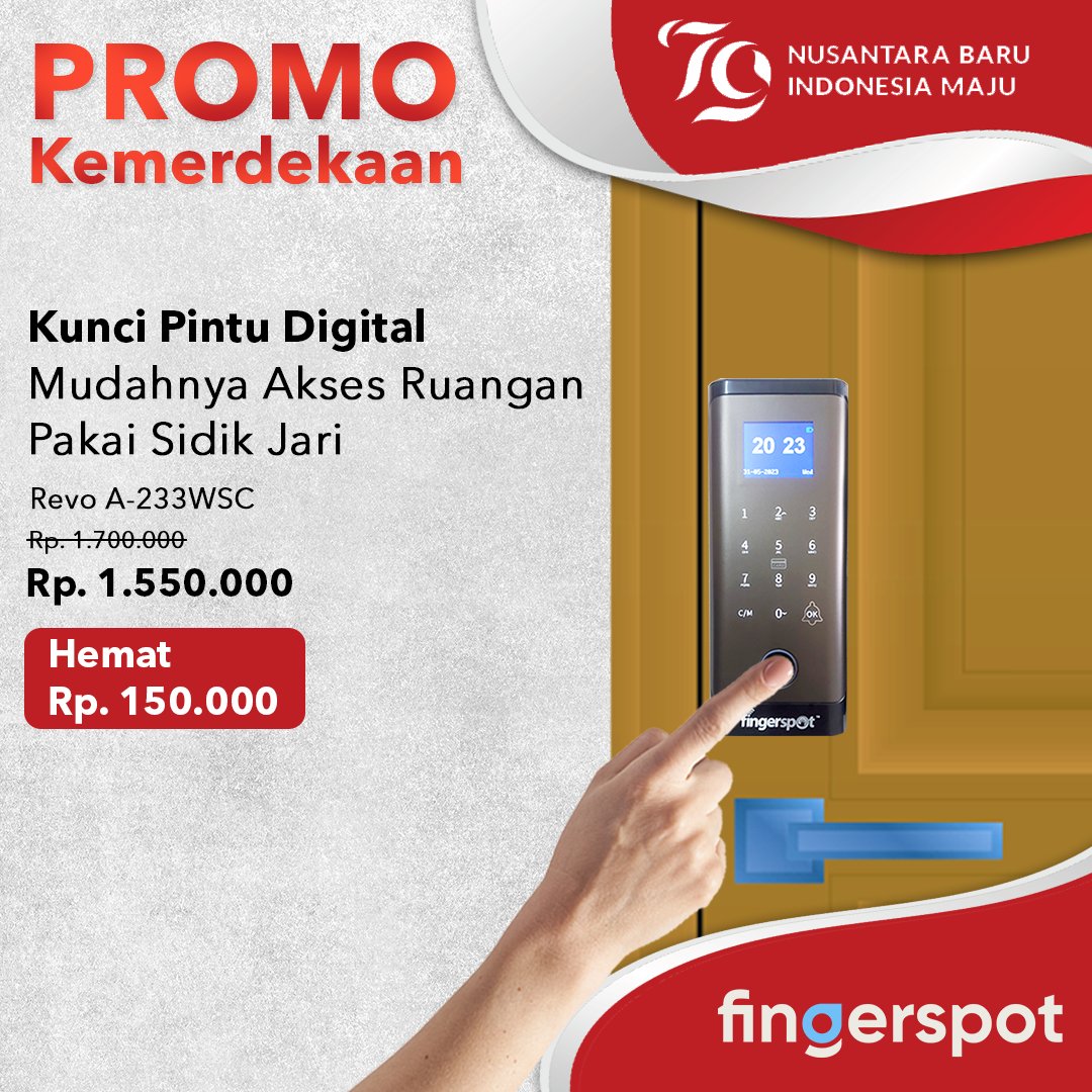 AbsensiMesin's tweet photo. Di era serba digital kayak sekarang, masa pintu juga nggak ikutan digital? 🔐✨
Yuk,upgrade ke 𝐃𝐢𝐠𝐢𝐭𝐚𝐥 𝐃𝐨𝐨𝐫 𝐋𝐨𝐜𝐤 𝐅𝐢𝐧𝐠𝐞𝐫𝐬𝐩𝐨𝐭 𝐑𝐞𝐯𝐨 𝐀-𝟐𝟑𝟑𝐖𝐒𝐂 ✅
Buka pintu cuma pakai sidik jari, super simple. lagi ada promo Kemerdekaan di bulan Agustus
#Fingerspot https://t.co/dU7Dbibvv4