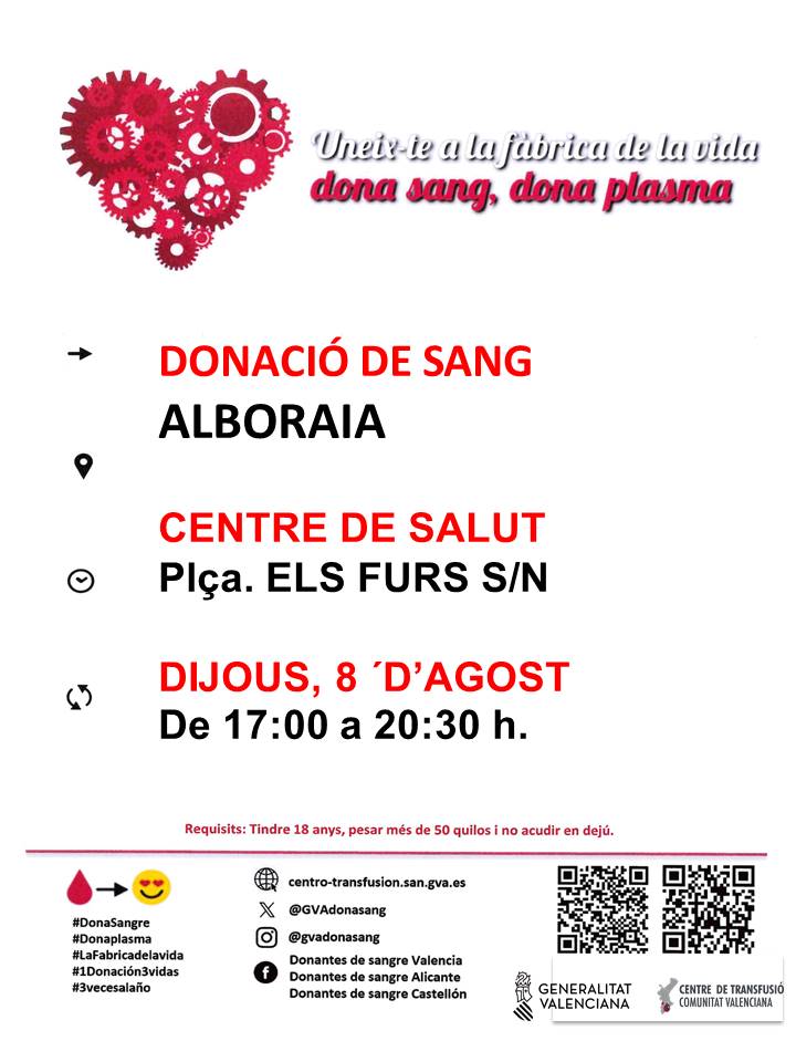 GVAdonasang's tweet photo. Donació de sang a #Alboraia
📅dijous #8Agost
1 de cada 10 persones ingressades en un hospital necessita sang. La teua donació fa possible el seu tractament.
#DonaSang #DonaPlasma
Uneix-te a la fàbrica de la vida❤️ https://t.co/Qq3XGJfAAG