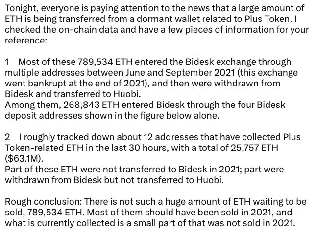 _TOBTC's tweet image. Independent analysts debunked a claim by #Lookonchain that wallets linked to the #Plus Token scam were moving nearly $2 billion in #Ether, revealing most of it was sold in 2021. 

#Chinese crypto data account #EmberCN found only around 25,757 #ETH was transferred recently, worth