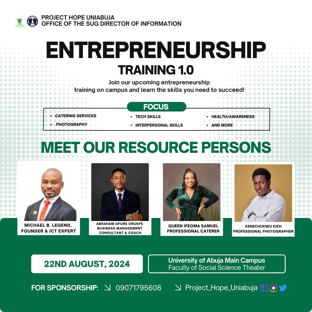 TheHopeArmy's tweet photo. Our Founder, @michaelblegend and other top Executives of the Michael Legend Hope and Relief Initiative are the Resource Persons for Project Hope University of Abuja Entrepreneurship Training 1.0 on Thursday 22nd August 2024. If you're in UniAbuja, don't miss this historic Event. https://t.co/FCA9Lb18sx