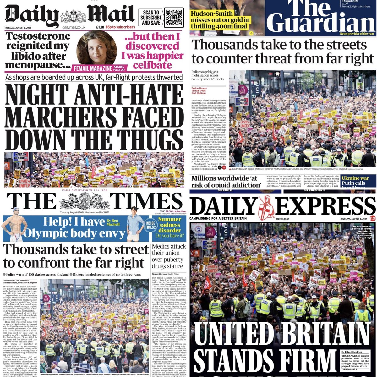 GavCalver's tweet photo. It’s not often that these four newspapers tell the same story. So glad that last night showed that the vast majority of the UK are anti-hate &amp; want to live in peace together. Praying for people to feel safe &amp; for the healing of our communities 🙏 https://t.co/vZSSO3LXvh
