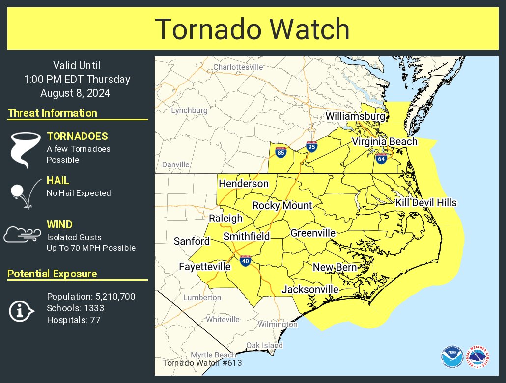 A tornado watch has been issued for parts of North Carolina and Virginia until 1 PM EDT