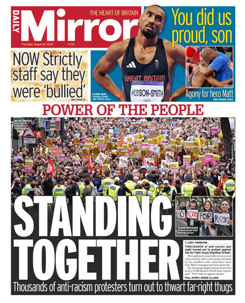 Clearly we have no cause for complacency with the far-right mobilising in the UK, but these front pages all signal that an important narrative shift took place last night. Massive respect to all who turned out.