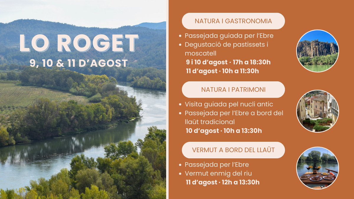 AscoTurisme's tweet photo. Previsió meteorològica per a aquest cap de setmana a #Ascó: ☀️☀️☀️

La nostra proposta: navegar per l'#Ebre a bord de #LoRoget! ⛵🌿

Tria l'activitat que més t'agradi i combina #natura amb #gastronomia o #patrimoni. 👇

🎟️ Tickets: https://t.co/dcbdWBZMKI https://t.co/3bop59NZKZ