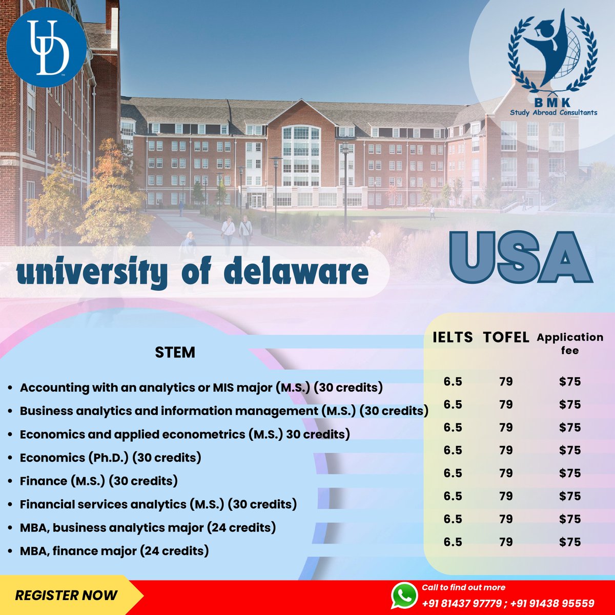 bmkconsultants's tweet image. Registration link : forms.gle/xov9fTWFE7wkRc…

webpage link : bmkconsultants.in
@bmkconsultants

#universityifdelaware
#usspringintake
#SpringIntake
#freevirtualfair
#StudyAbroad
#InternationalEducation
#GlobalLearning
#OverseasStudy
#AbroadLife
#StudentAbroad
#GlobalStudent