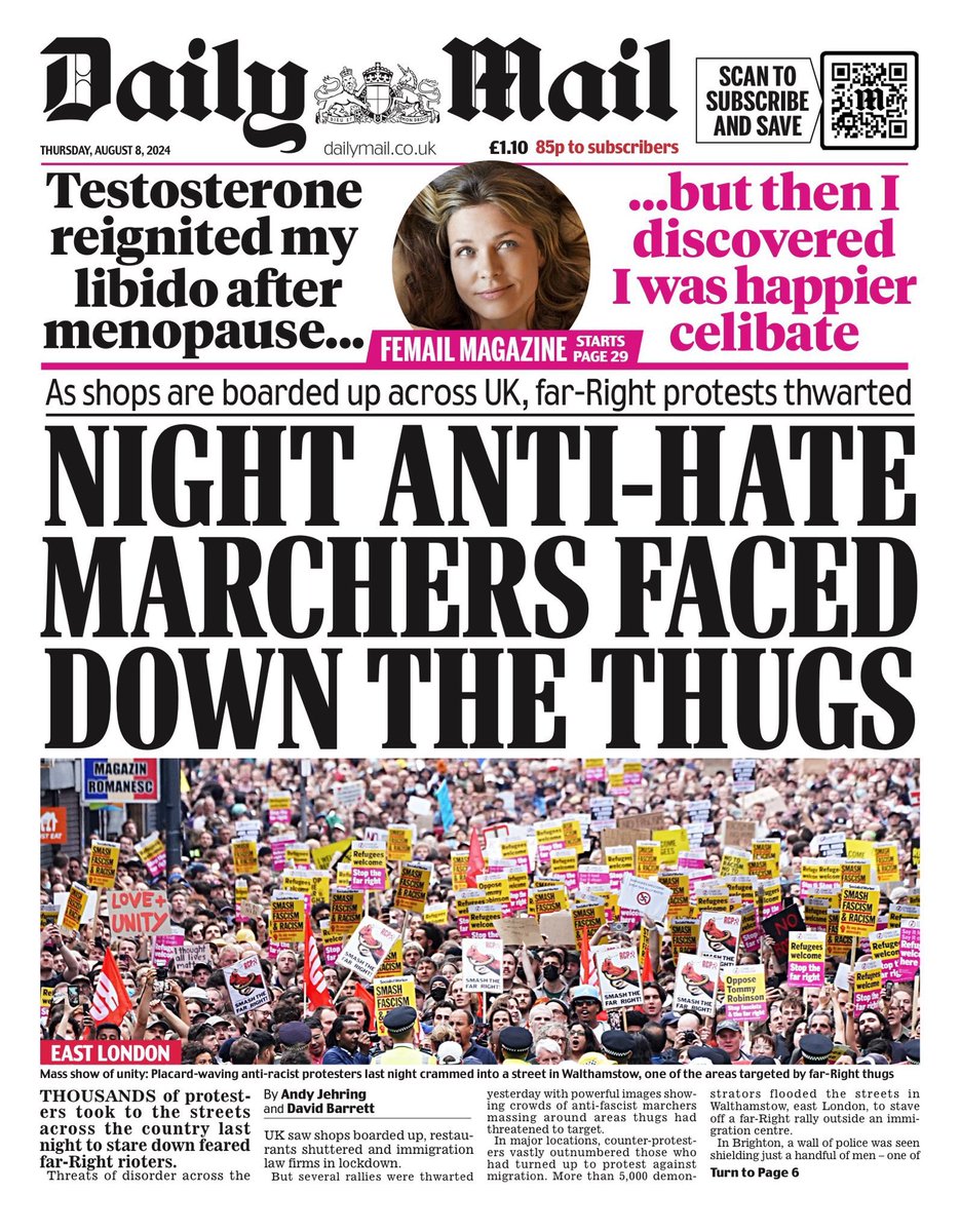 mikegalsworthy's tweet image. Are you watching @elonmusk?

Do you understand the significance of these two particular papers standing with these huge crowds and overwhelming UK public opinion…

…and against you &amp;amp; your bot army incitement of thugs to a “civil war”?

My country is better than that. Learn it.