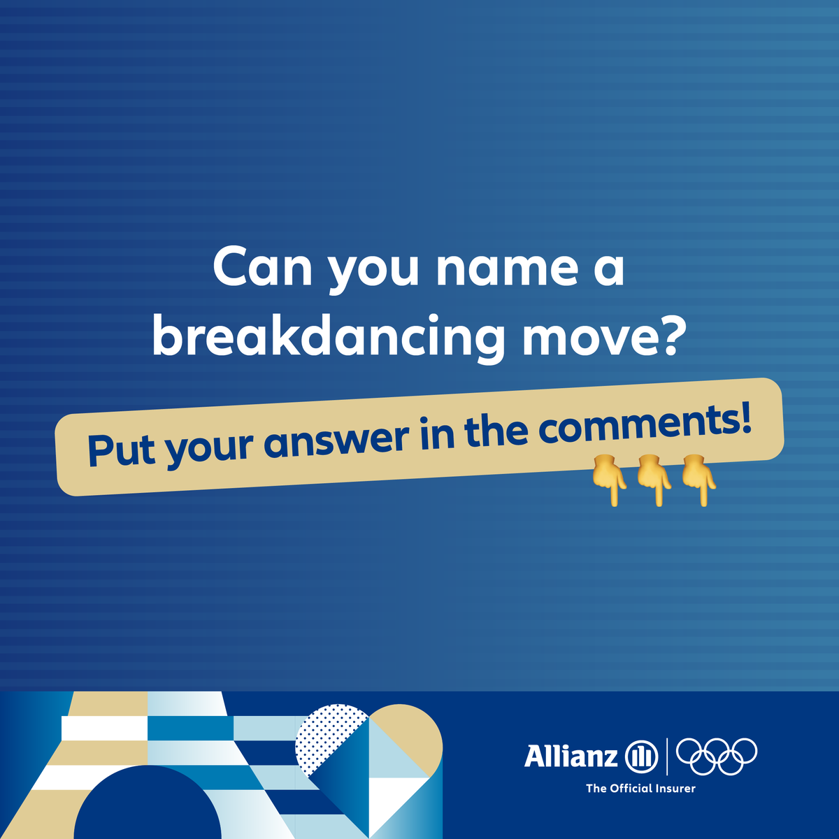 Olympics's tweet photo. Think you're a breaking guru? Put your knowledge to the test and comment below. Get ready for breaking here 👉 https://t.co/Yrig9OOkFk
#Breaking #GetReadyForTheBest #Paris2024 #Olympics #ReadyParisGo #Allianz https://t.co/FBU2jQG2zW