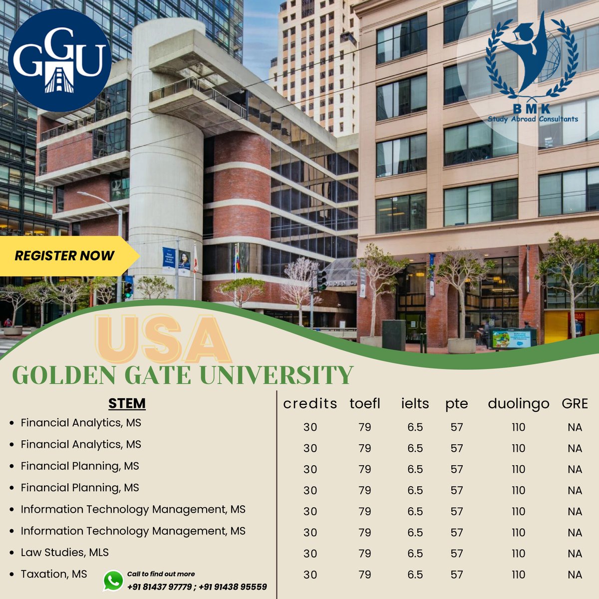 bmkconsultants's tweet image. Registration link : forms.gle/xov9fTWFE7wkRc…

webpage link : bmkconsultants.in
@bmkconsultants
#goldengateuniversity
#usspringintake
#SpringIntake
#freevirtualfair
#StudyAbroad
#InternationalEducation
#GlobalLearning
#OverseasStudy
#AbroadLife
#StudentAbroad
#GlobalStudent