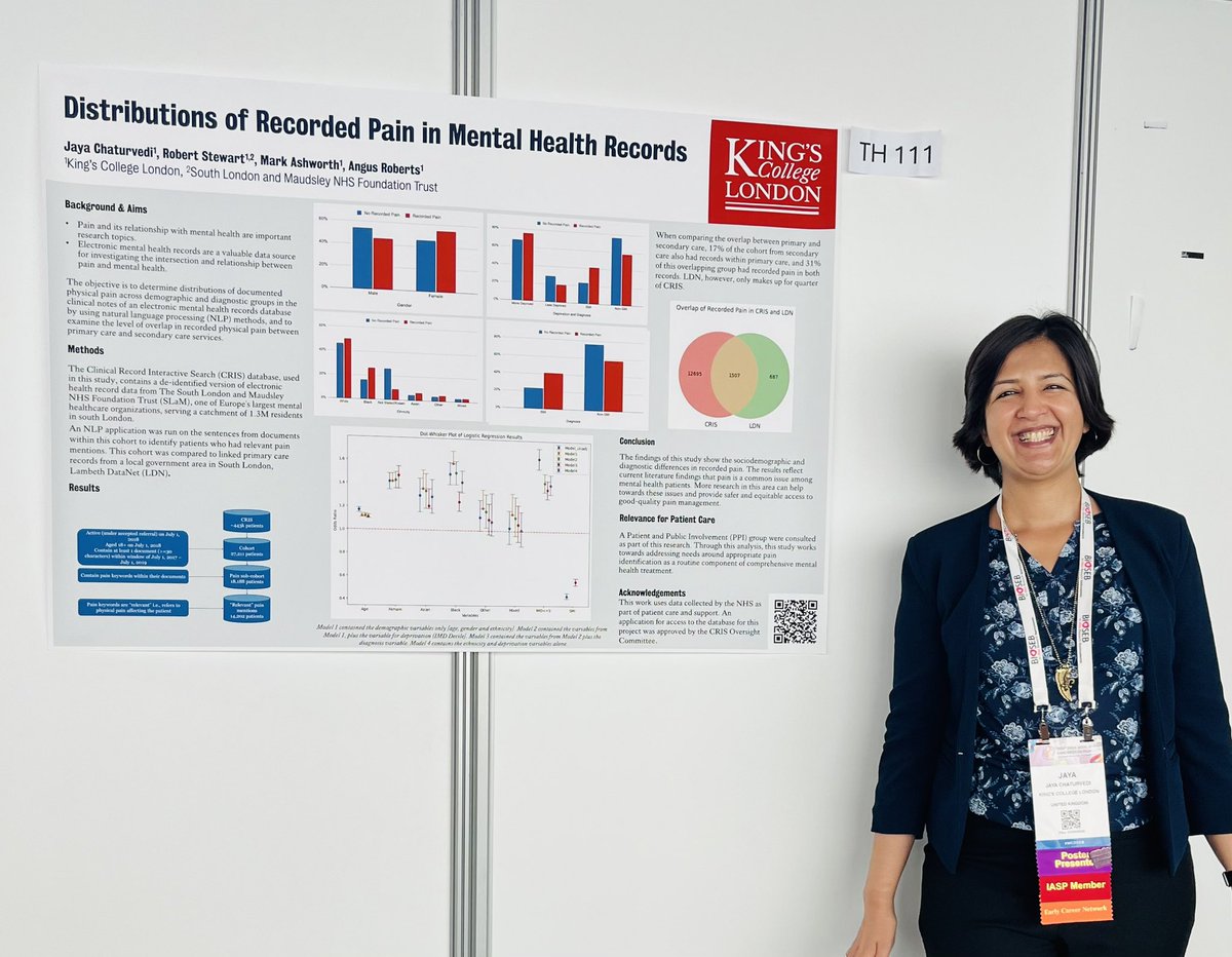 Jaya (@jayachatur) on Twitter photo Thank you to <a href="/IASPpain/">IASP</a> Pain Registry SIG for selecting my abstract as winner in the established registries category!
I am at board 111 today showing the final results from my <a href="/KCLDriveHealth/">EPSRC DRIVE-Health CDT in Data-Driven Health</a> PhD, and excited to discuss it! Please stop by if you want to know more! #WC2024 Thank you to <a href="/IASPpain/">IASP</a> Pain Registry SIG for selecting my abstract as winner in the established registries category!
I am at board 111 today showing the final results from my <a href="/KCLDriveHealth/">EPSRC DRIVE-Health CDT in Data-Driven Health</a> PhD, and excited to discuss it! Please stop by if you want to know more! #WC2024