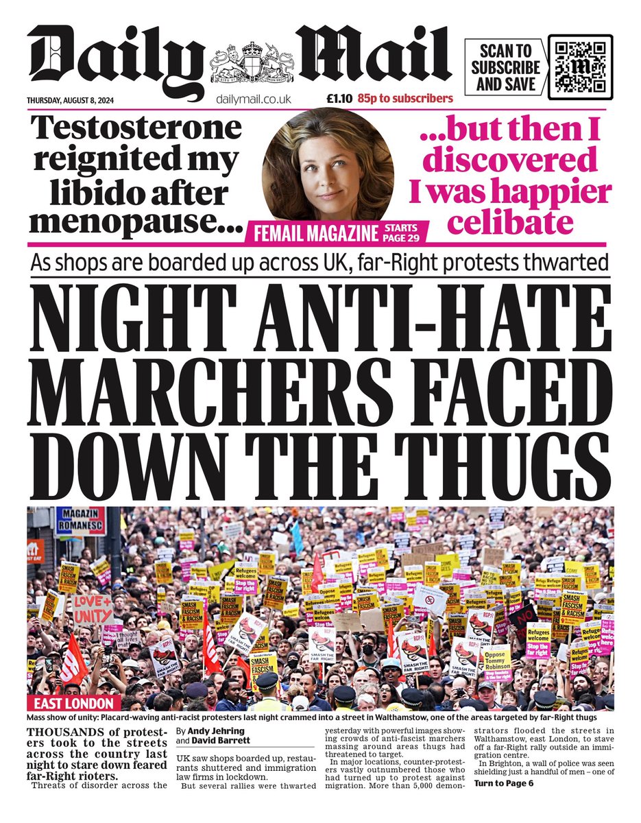 erikdelareguera's tweet image. Några förstasidor i Storbritannien idag. 
Tusentals antirasister gick igår kväll ut och "vaktade" platser som det fanns uppgifter om att högerextremister skulle angripa.