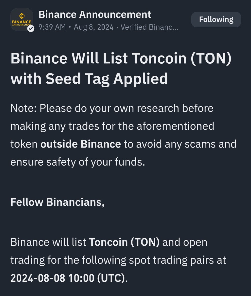 Crypto_Kings_CK's tweet photo. TON is listing on Binance today !!! 🔥

This is great news for the growing adoption of $CK 😎
Soon you will be able to buy $TON directly on Binance using USDT or BTC and transfer it straight to your TON Space wallet or Tonkeeper.

TON is growing. Great times ahead!!
#ton #cryptokings