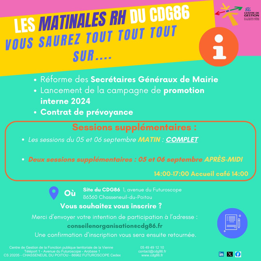 📣 Vous avez été nombreux à vous inscrire aux matinales RH des 5 et 6 septembre matin !
Nous affichons complet sur ces créneaux, mais pas d’inquiétude... nous vous accueillons également les 5 et 6 septembre après-midi ! 😊
👉 Inscriptions : conseilenorganisation@cdg86.fr
#Fpt #rh