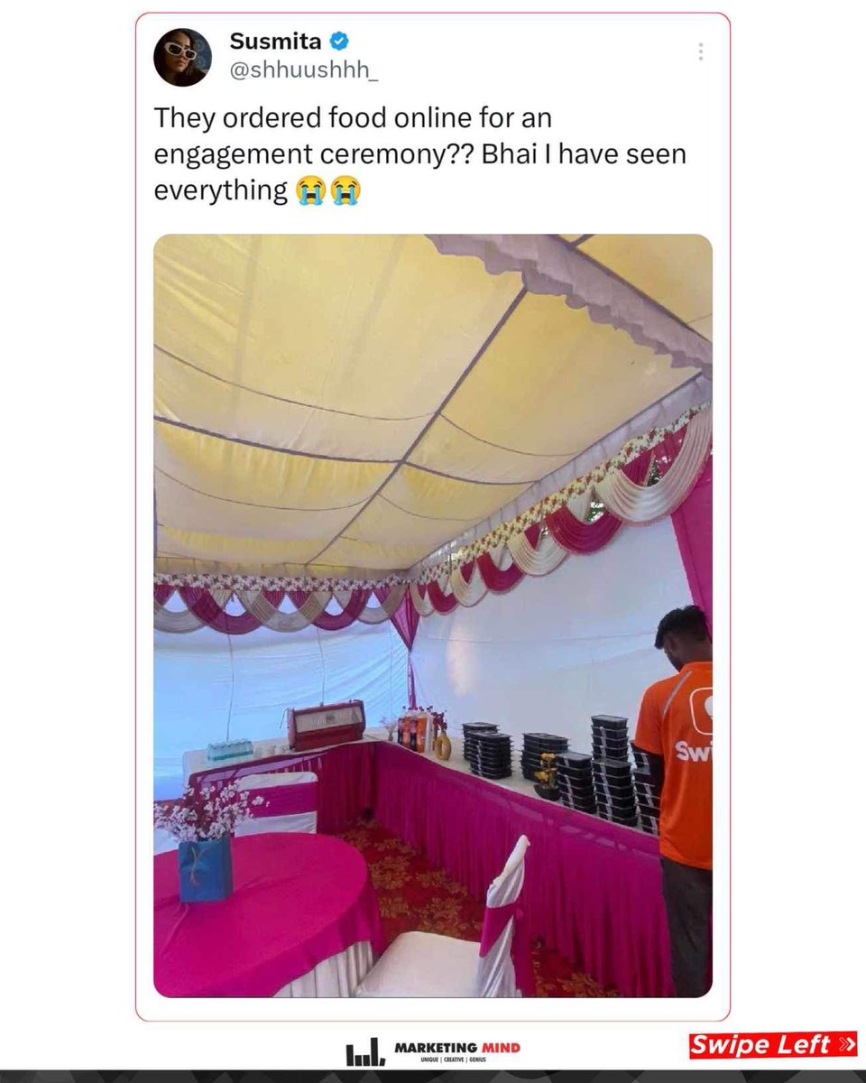MarketingMind_'s tweet photo. A Delhi couple has chosen Swiggy for their engagement party catering.

1/2 👇

#MarketingMind #Swiggy #FoodOrder #CreativityFound https://t.co/TW8FhpvdXd