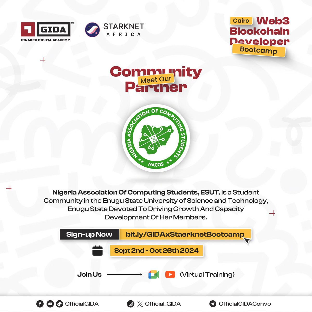 Official_GIDA's tweet image. The partnerships for the upcoming Cairo Web3/Blockchian Dev Bootcamp just keeps pouring in. 🥳
This time around, we have @Nacos_Esut joining us.
Want us to partner too?
Send a mail here ➡️ officialgida1@gmail.com
Register here ⤵️
bit.ly/GIDAxStarknetB…
#GIDA #DevBootcamp