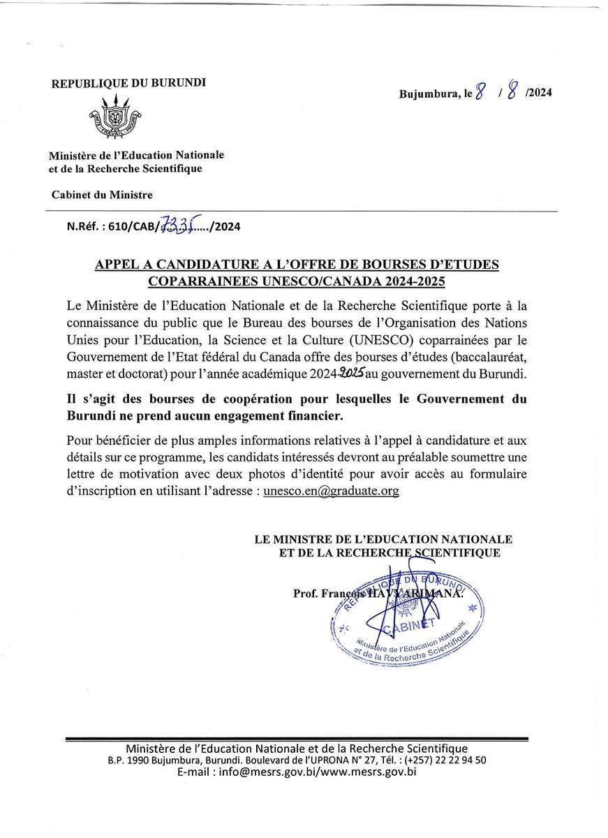 Appel à candidature à l'offre de bourses d'études coparrainées UNESCO/CANADA 2024-2025