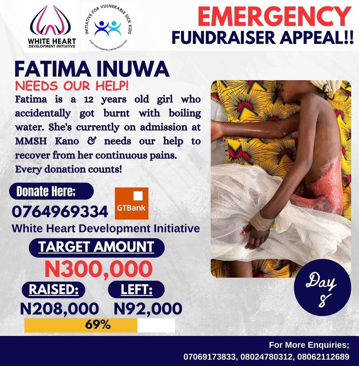 WhiteHeartDev's tweet photo. ₦208,000 has been raised for Fatima.

Fatima is still on admission receiving treatment You've helped us to this stage and we hope you can help us complete the amount for her treatment.

Help Fatima 👏🏼
0764969334
GT Bank
White Heart Development Initiative https://t.co/4Cmrnpycsw