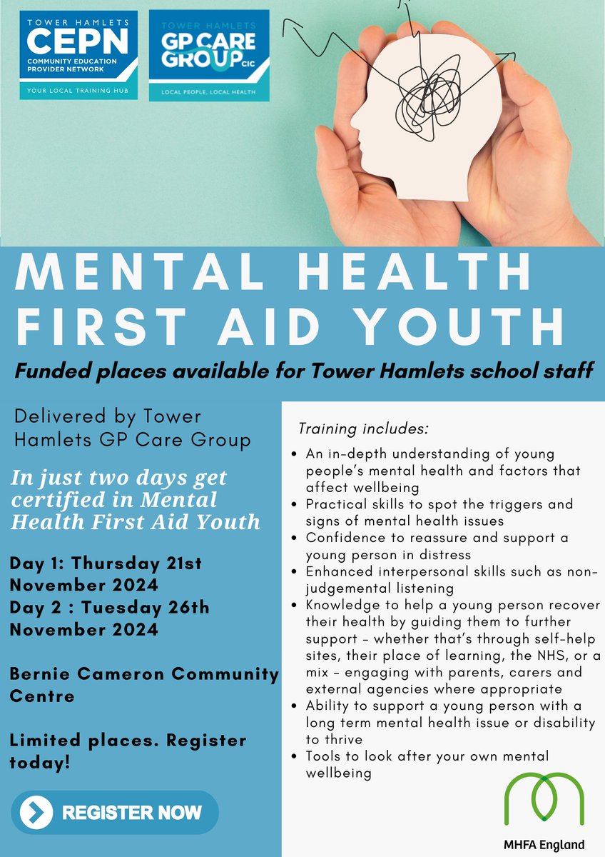 New Mental Health First Aid YOUTH course date released. For those working with &amp; caring for children and young people. Funded places available for school staff in Tower Hamlets! Book now!

Registration link: shorturl.at/3WCU3