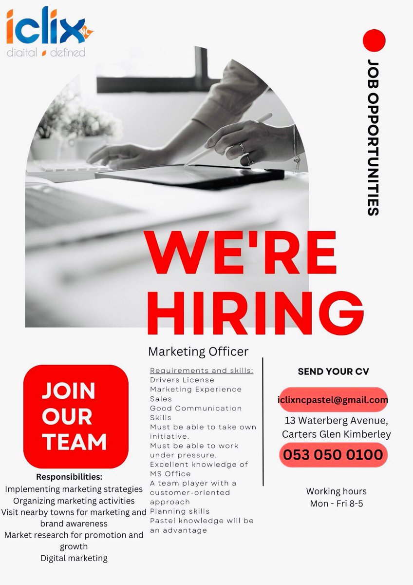 luwax1983's tweet photo. 📌 Kimberley / Marketing

#jobs #vacancy

Miss SA Chidimma Adetshina DJ Sbu Lerato Kganyago Julius Malema Pearl Thusi home affairs LERATO https://t.co/tWISwlquJT