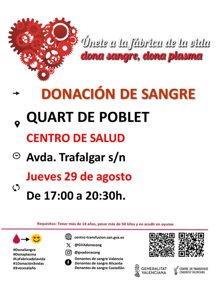 Donación de sangre mes de agosto:
Jueves 29 de agosto en el centro de salud en horario de 17.00 a 20.30 horas.
Os esperamos a todos.💪💪💪