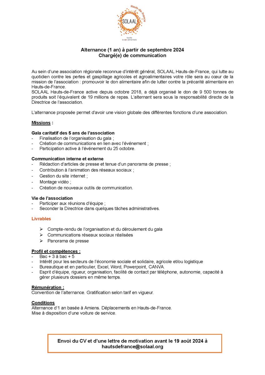 📢[Alerte #alternance] 

Sensible au gaspillage alimentaire ? Envie de t’investir dans la lutte vs la précarité alimentaire ? Viens rejoindre SOLAAL HdF en septembre 😊

➡️Alternance d'1 an en tant que Chargé de communication H/F

Candidatures à : hautsdefrance@solaal.org