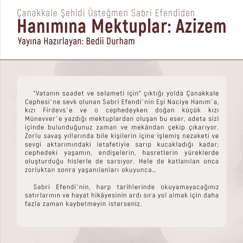 harpsanatcom's tweet photo. Çanakkale Şehidi Üsteğmen Sabri Efendiden
Hanımına Mektuplar: Azizem
https://t.co/1L9Y2AuJwY
#harpsanat #askeritarih @TarihiAlan https://t.co/CxebSYqBzm