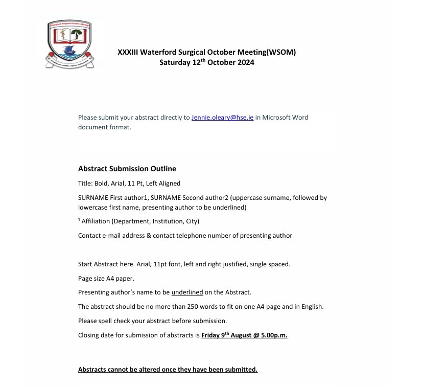 UHW Surgery (@surgeryuhw) on Twitter photo 1 Day to go to Abstract Deadline for XXXIII Waterford Surgical October meeting on 12th October! Please submit! <a href="/UHW_Waterford/">Univ Hosp Waterford</a> <a href="/SurgeryDeptUCC/">UCC Department of Surgery</a> <a href="/UCCMedHealth/">UCC Medicine & Health</a> <a href="/RCSI_Irl/">RCSI</a> <a href="/Matersurgery/">MaterSurgery</a> <a href="/GalwaySurgery/">University of Galway Surgery 🔬🧬</a> <a href="/TUH_Tallaght/">Tallaght University Hospital (TUH)</a> <a href="/Beaumont_Dublin/">Beaumont Hospital</a> <a href="/stjamesdublin/">St James's Hospital</a> <a href="/SurgerySvhg/">SVUH Surgery</a> <a href="/UHLSurgery/">UHL Surgery</a> 1 Day to go to Abstract Deadline for XXXIII Waterford Surgical October meeting on 12th October! Please submit! <a href="/UHW_Waterford/">Univ Hosp Waterford</a> <a href="/SurgeryDeptUCC/">UCC Department of Surgery</a> <a href="/UCCMedHealth/">UCC Medicine & Health</a> <a href="/RCSI_Irl/">RCSI</a> <a href="/Matersurgery/">MaterSurgery</a> <a href="/GalwaySurgery/">University of Galway Surgery 🔬🧬</a> <a href="/TUH_Tallaght/">Tallaght University Hospital (TUH)</a> <a href="/Beaumont_Dublin/">Beaumont Hospital</a> <a href="/stjamesdublin/">St James's Hospital</a> <a href="/SurgerySvhg/">SVUH Surgery</a> <a href="/UHLSurgery/">UHL Surgery</a>