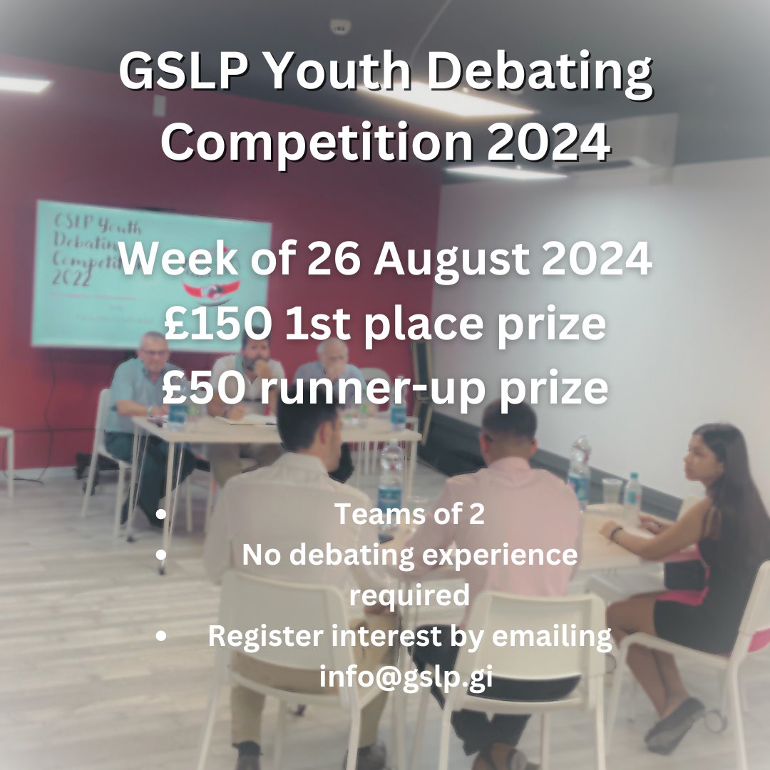 GSLP Youth Section (@gslpyouth) on Twitter photo GSLP YOUTH DEBATING COMPETITION 2024
Our successful Debating Competition returns for another year!
Prize money, developing debating skills, networking, adding to personal statements/CVs and more.
To register interest please email: info@gslp.gi GSLP YOUTH DEBATING COMPETITION 2024
Our successful Debating Competition returns for another year!
Prize money, developing debating skills, networking, adding to personal statements/CVs and more.
To register interest please email: info@gslp.gi