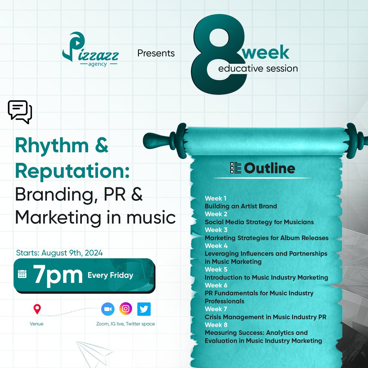 Learn the secrets of branding yourself as an artist, and propagating your gospel in the way you want your audience to perceive you.

Clear your calendars for RHYTHM &amp; REPUTATION — an 8-week guide in unlocking the secrets of a lasting musical identity.

7pm every Friday