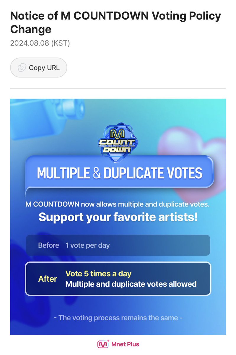 StrayKidsGlobal's tweet photo. [🗳️ M-COUNTDOWN]

MCD just announced a change in their rules starting TODAY🚨

You can now vote 5 times and for the same artist. This update could work for Live Voting, let’s get ready! 

📣 1h15 LEFT
⏰ 6PM KST
✅ Update your MNET+ app if it’s not the last version 2.9.2 https://t.co/X9FPlvOnyX