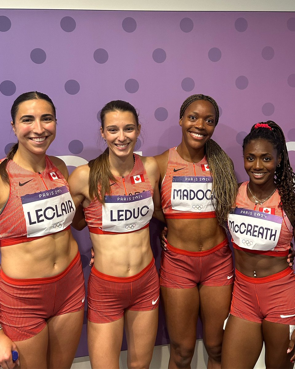 FINALS BOUND &amp; 🇨🇦 RECORD FOR THE 4X100 WOMEN!! 💥

The quartet of McCreath, Madogo, Leclair, and Leduc are headed to the #Olympic 4x100m final in record time - 42.50s! 💨