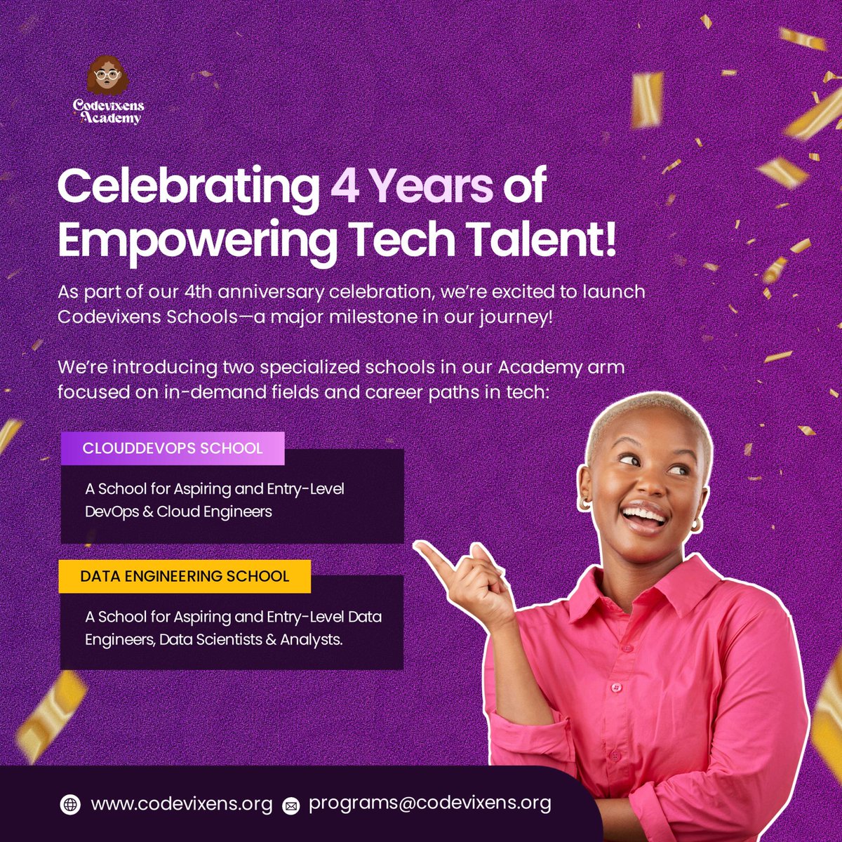 Codevixens's tweet image. Today, Codevixens turns 4 and We Have Big News! 🔊

To mark our 4th anniversary, we’re excited to launch Codevixens Schools—a new chapter in our journey to support entry into in-demand fields and career paths in tech.

We’re rolling out two new schools:
1. CloudDevOps School –…