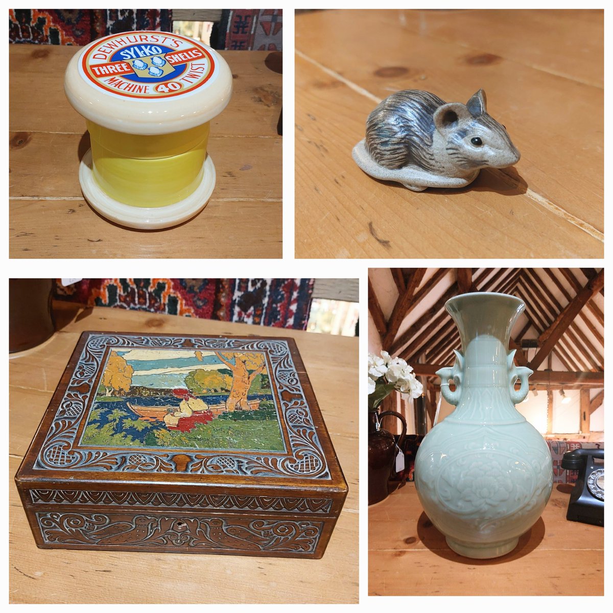eversleybarn's tweet image. #sidetable #secretcupboard #poolepotterymouse #celedonvase #artsandcraftsbox #bobbinjar #judismithantiques #eversleybarnantiques