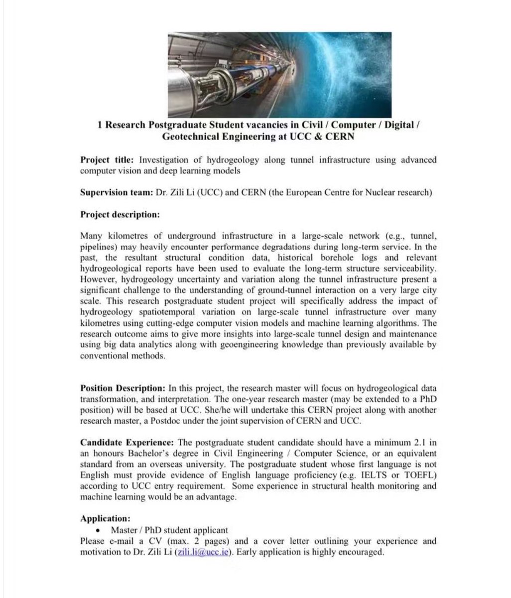 「分享爱尔兰全奖硕士机会」

爱尔兰科克大学（UCC）招收研究型硕士，专业方向包括：计算机、数字化、土木、岩土/地质等工程领域，要求本科是计算机，土木或者相关领域

导师是华人，下图中有导师邮箱可以直接联系，需要准备CV和CL，申请尽量趁早