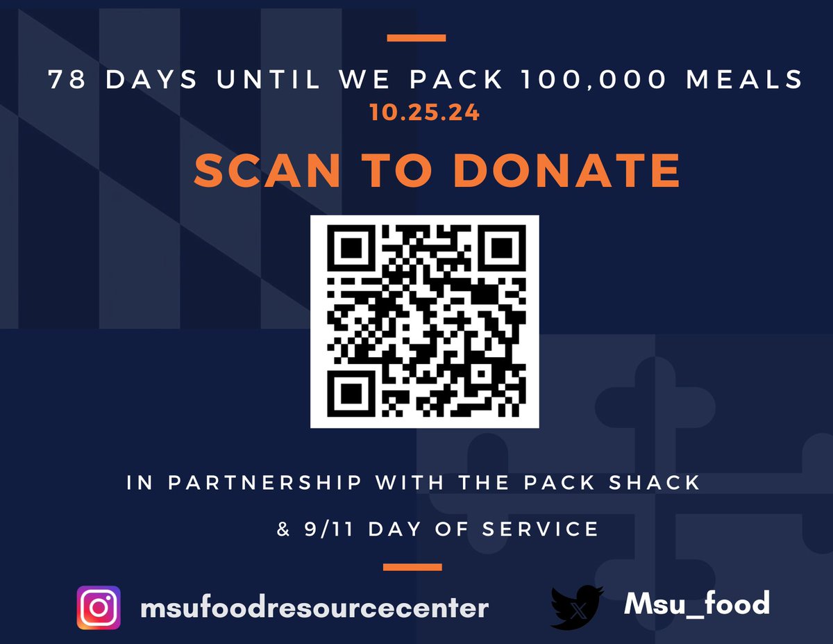 Msu_food's tweet photo. Join us in making a difference! 

Support our 2nd Annual Pack by donating today. Every contribution helps us reach our goal of $20,000 and provide 100,000 shelf-stable meals to those in need. Be part of the change, your support can make a huge impact!
#wegoturbag https://t.co/JTsGVVeDaS