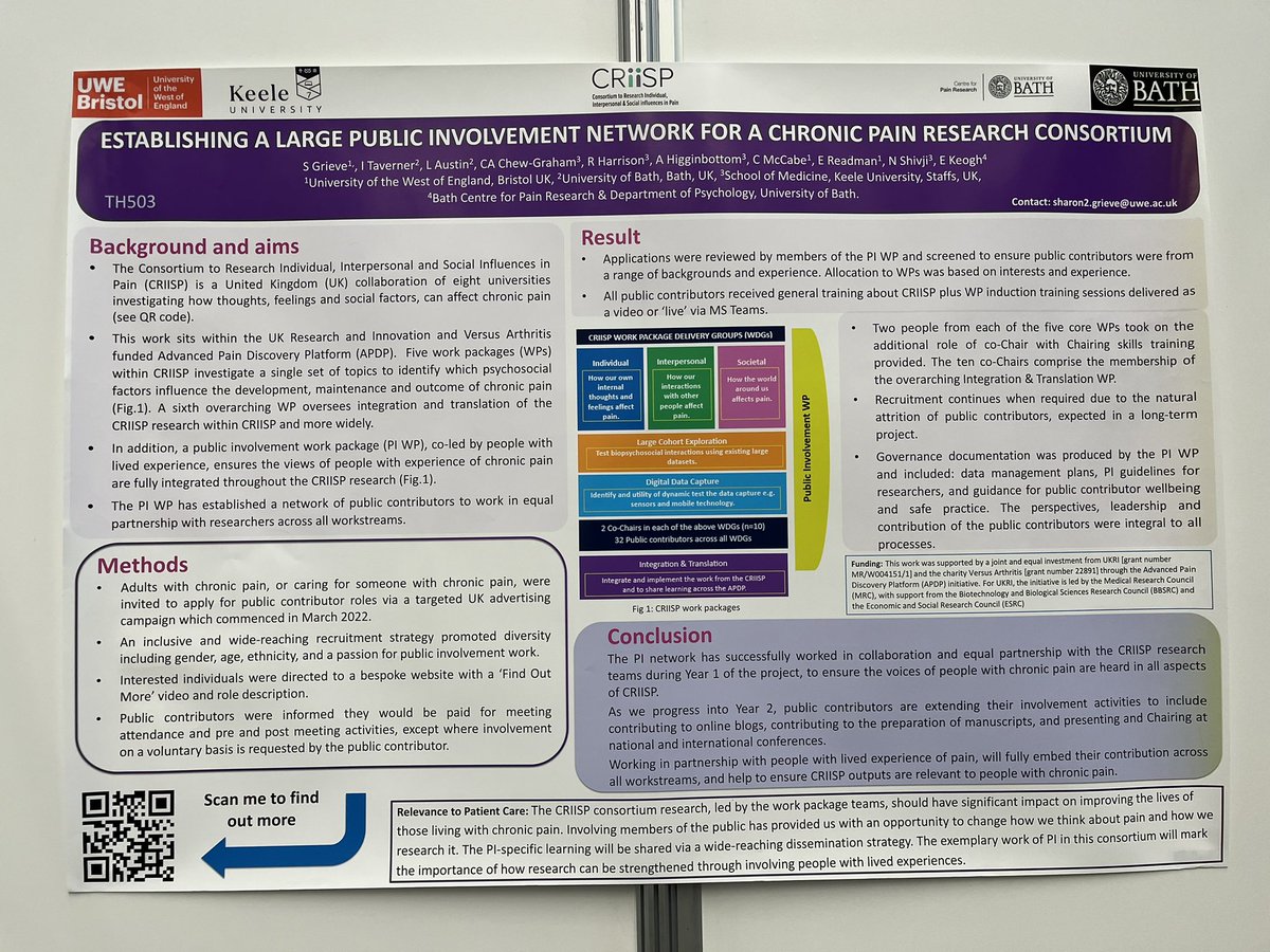 Presenting our <a href="/CRIISPAPDP/">CRIISP</a> poster at #WC2024 at 3:15 today (Thursday). Come along if you’d like to hear how we established a #publicinvolvement network <a href="/CHCR_UWE/">UWE Health Research</a>