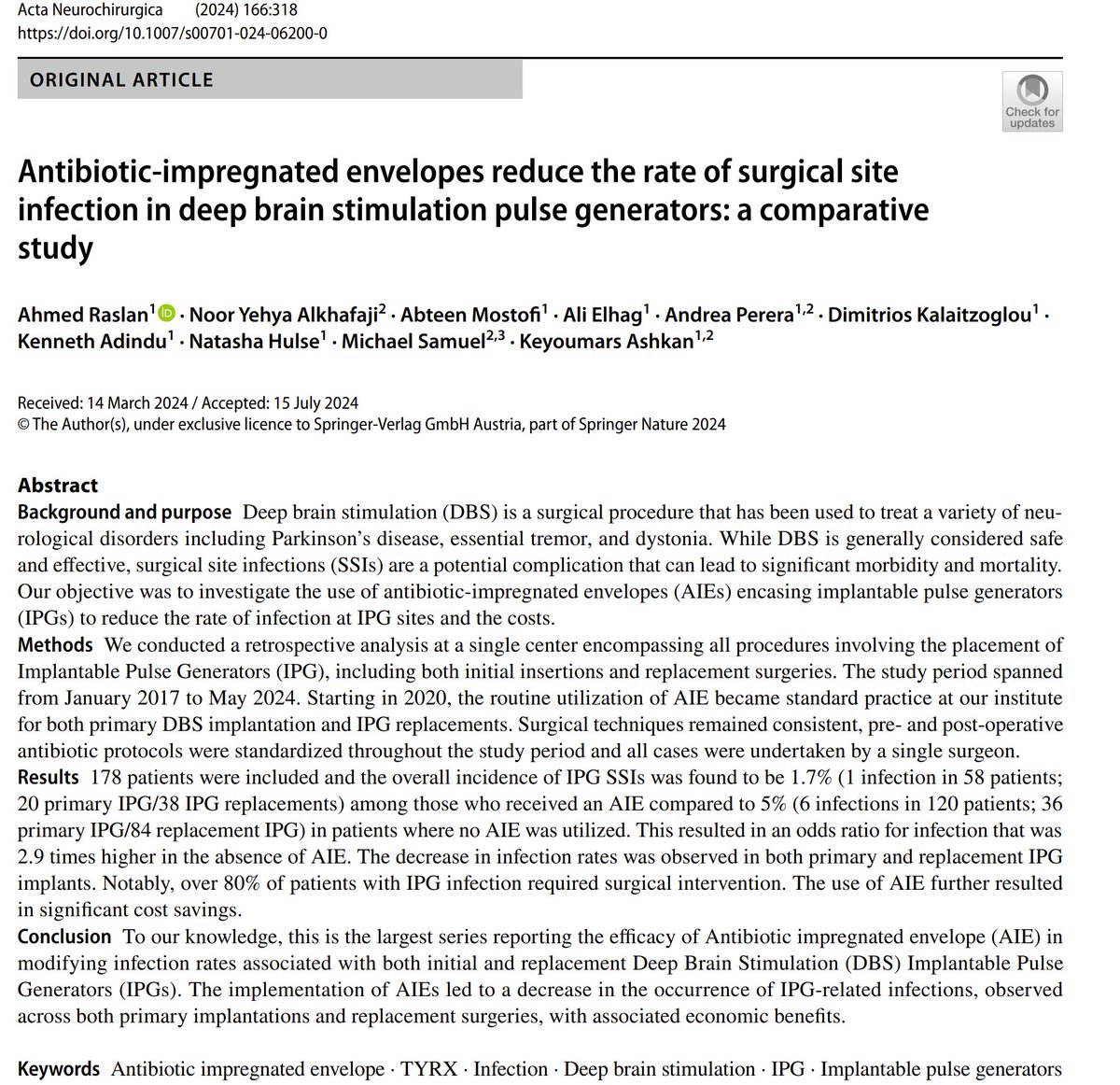KingsNeuro's tweet photo. Publication Alert!

We have now published  a comparative study showing "Antibiotic-impregnated envelopes reduce the rate of surgical site infection in deep brain stimulation pulse generators" in @ActaNeuro.

Read more: https://t.co/rJcAHkaFD0

👏Ahmed Raslan, @AbteenMostofi https://t.co/Qjb6K6kDR1