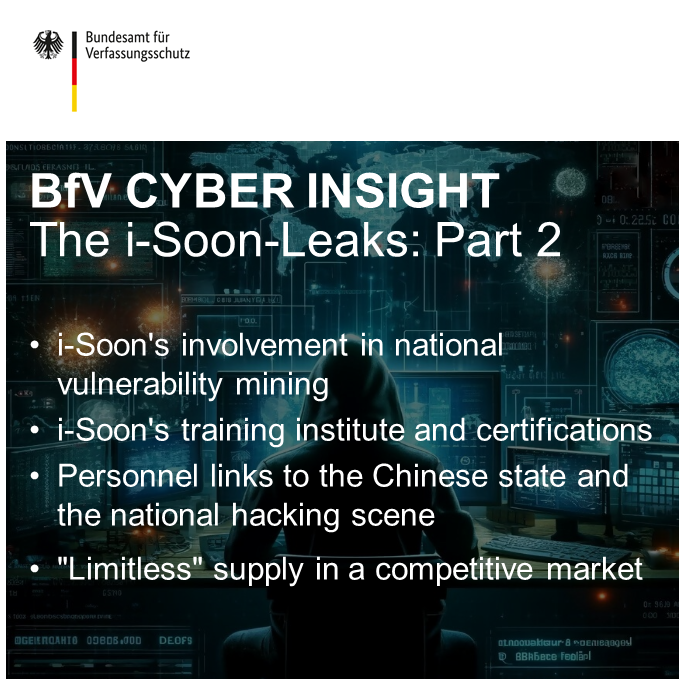 BfV_Bund's tweet photo. Part 2 of our #BfV_Bund #CyberInsight looks at connections of #iSoon to the Chinese security apparatus. Therefore, we analyzed over 570 files in Chinese from the data leak.

https://t.co/S0wfY1mitk

#cyber_defence https://t.co/z3S7g8rEim