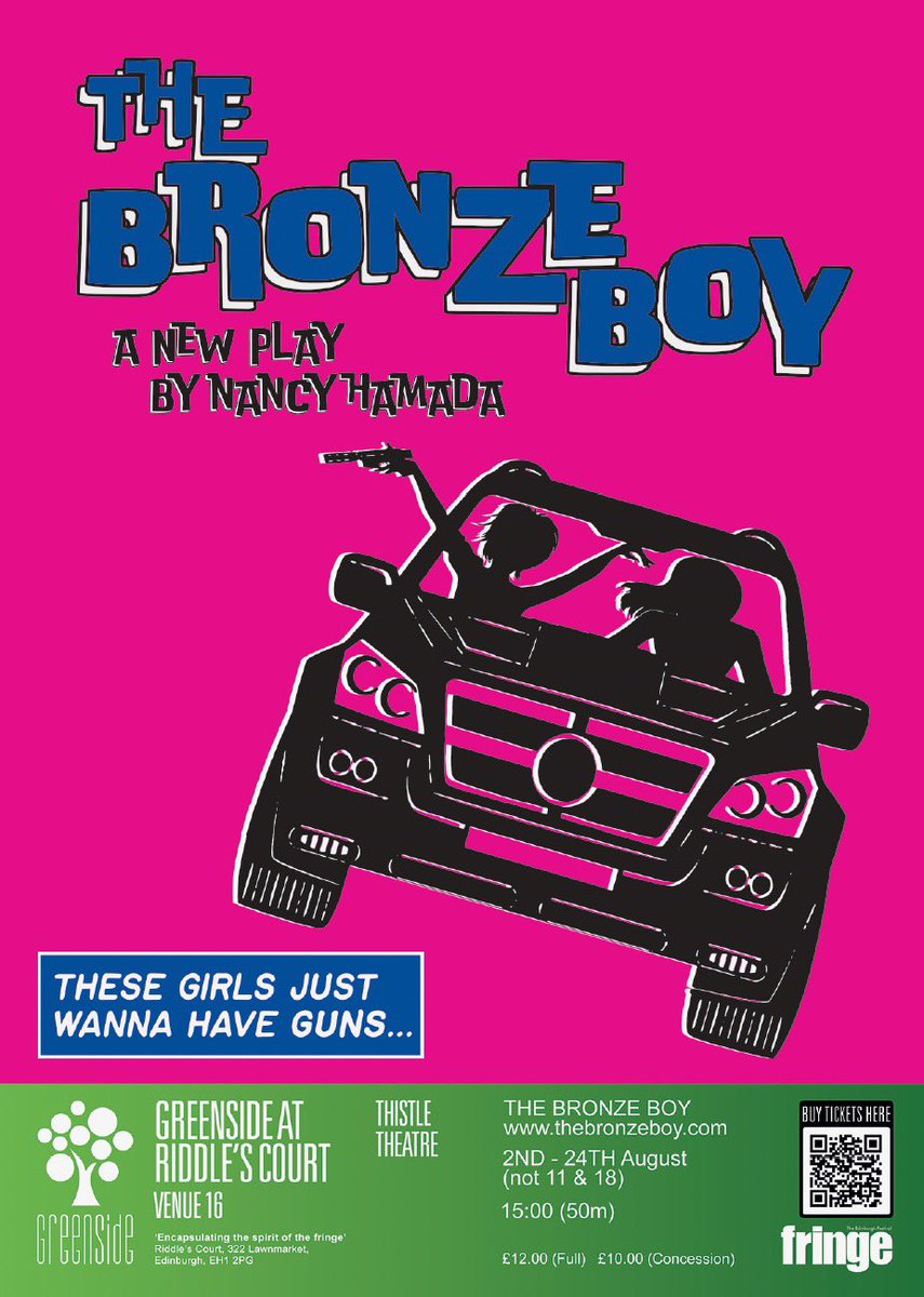 The_Bronze_Boy's tweet photo. A powerful, provocative and funny new play by Nancy Hamada about love, loss and America's twisted obsession with guns. A former television actress (Fedelis) drives her dead son's best friend (Taylor) on a road trip to transport The Bronze Boy (a statue of Fedelis dead son) to Taylors art opening in Chicago. But Fedelis doesnt know about the big bag of illegal guns Taylor has smuggled into the car. She just knows Taylor is planning 'something big'.
#unleashyourfringe @edfringe  @GreensideVenue