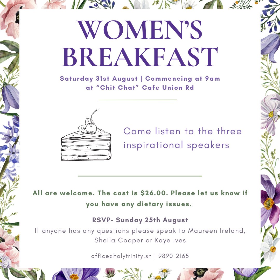 HolyTrinitySH's tweet photo. All are welcome to join us at the Women’s Breakfast on Saturday, August 31 @ 9am at Chit Chat café, 147 Union Road, SH.  Cost is $26 for a yummy breakfast, and the speakers Sally, Christine and Patricia will speak briefly about their lives.
RSVP: office@holytrinity.sh by Aug 25. https://t.co/90tQkH6Qxy